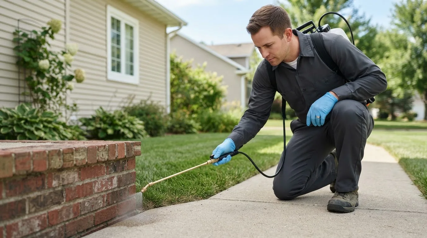 Pest control technician treating a home near Cokato, MN